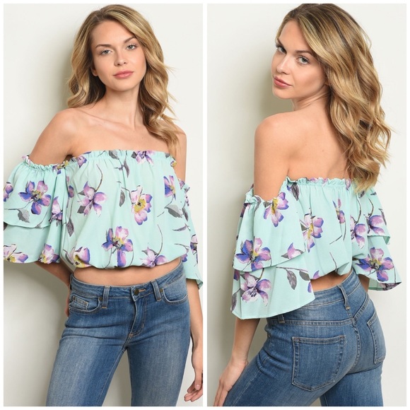 Tops - Mint Floral Off Shoulder Crop Top